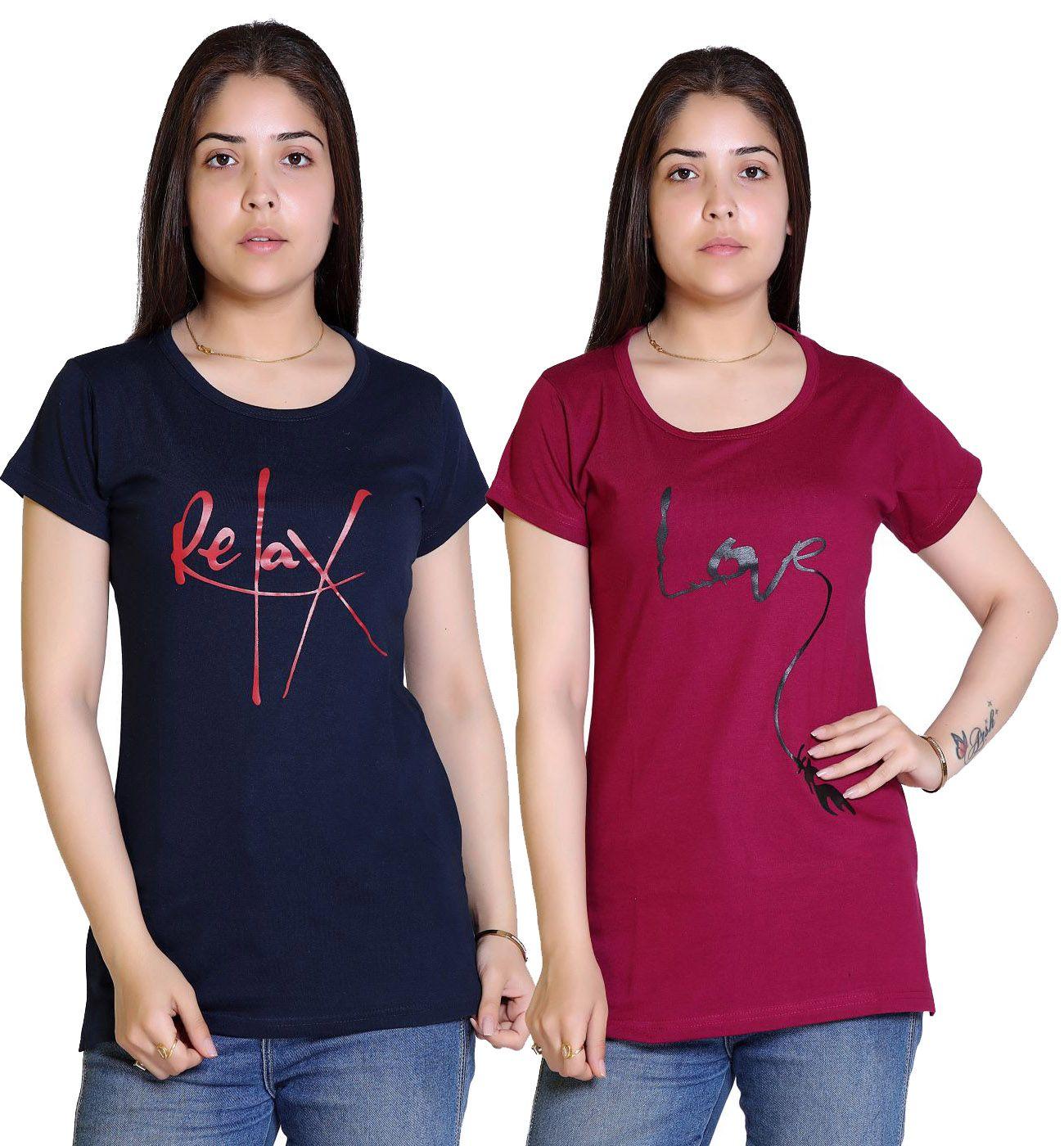 Women's Cotton Typography Print T-Shirt Buy 1 Get 1 Free