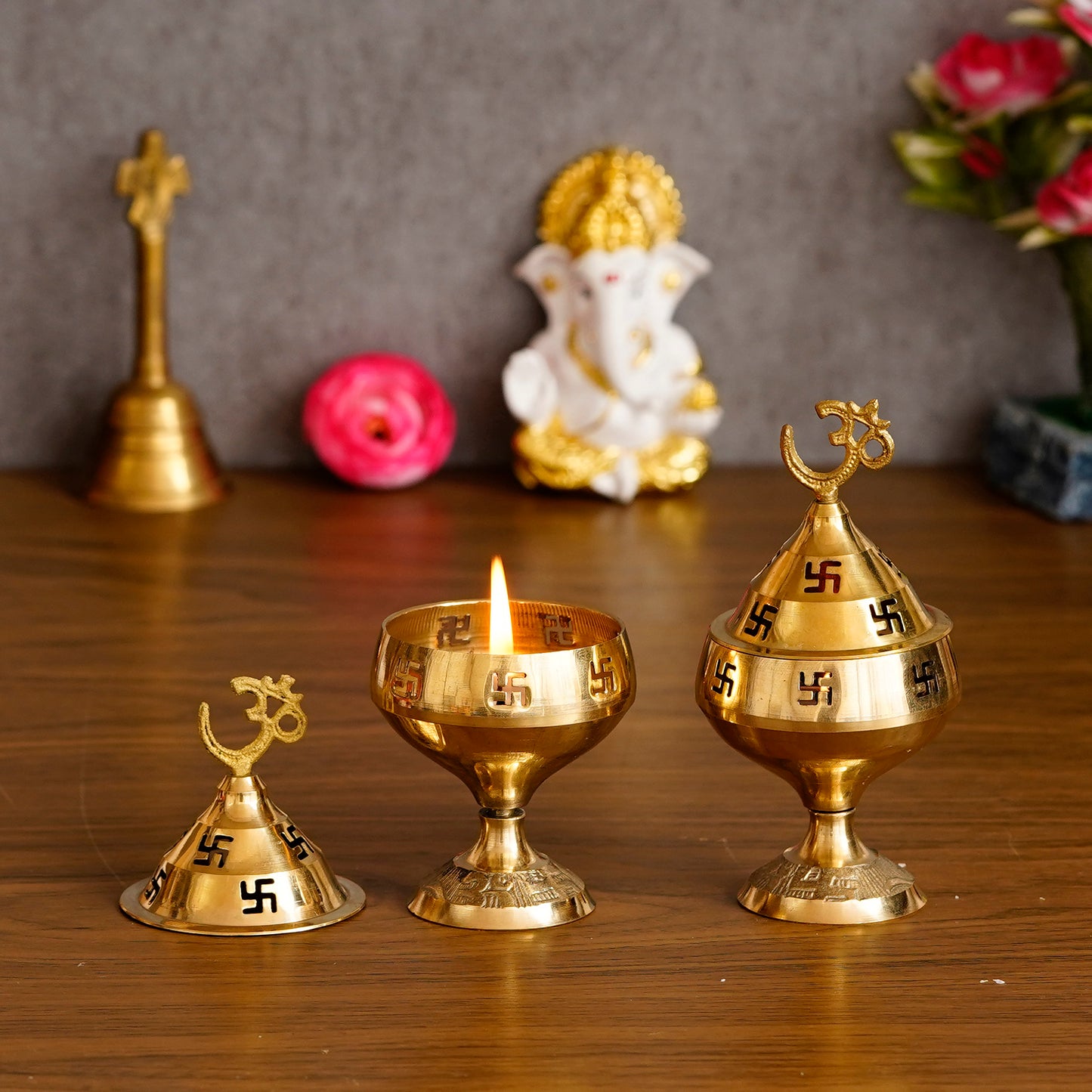 eCraftIndia Set of 2 Om and Swastik Brass Diya