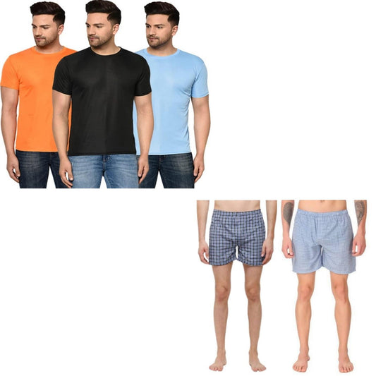 Fidato Men's Pack Of -3 Half Sleeves Round Neck T-shirt With Pack Of-2 Men's Boxers