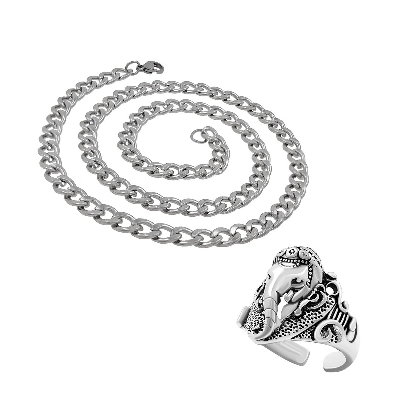 Silver plated chain with silver plated Ganpati shape adjustable ring combo set Rhodium Plated Stainless Steel Chain