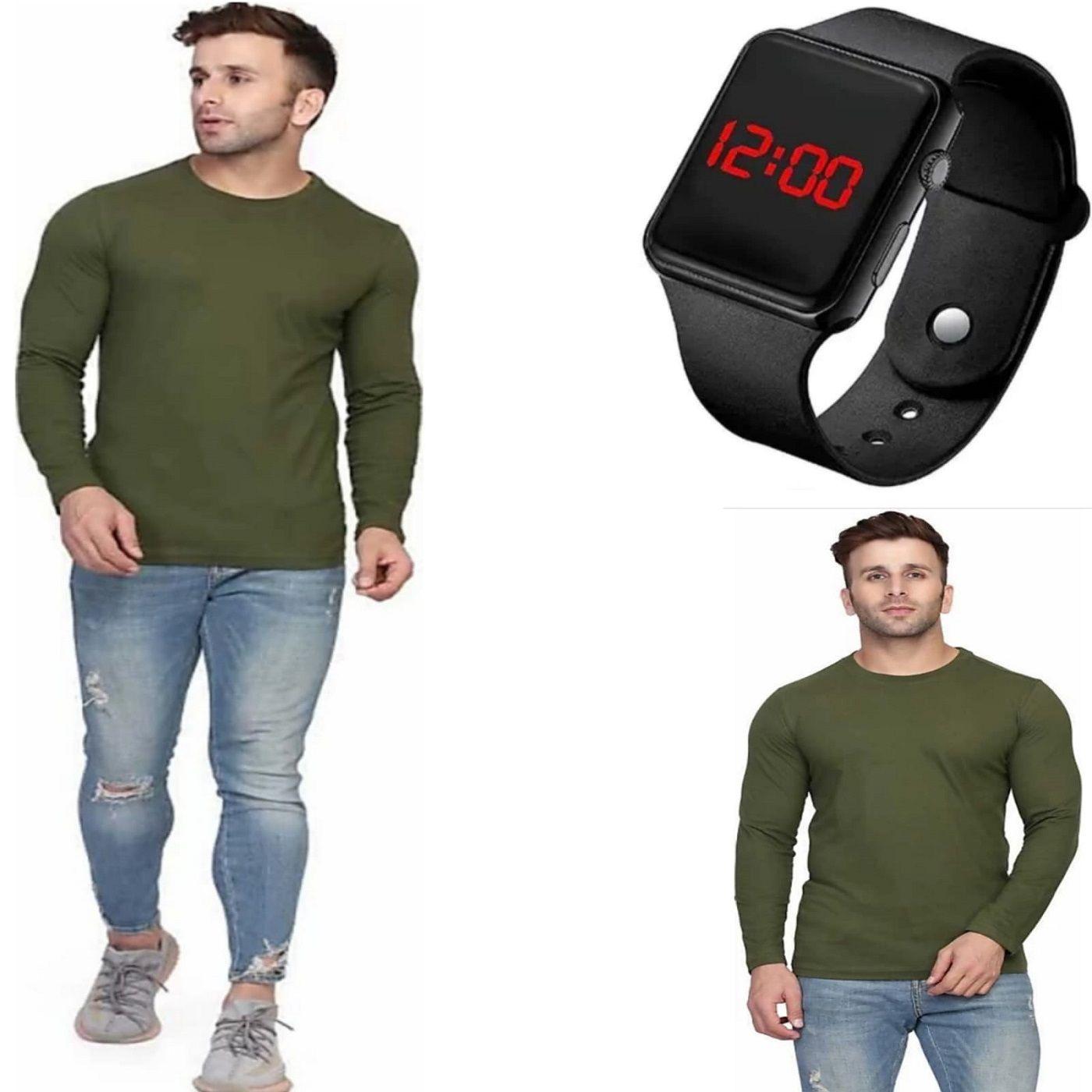 Fidato Men's Full Sleeves T-shirt With Digital Watch